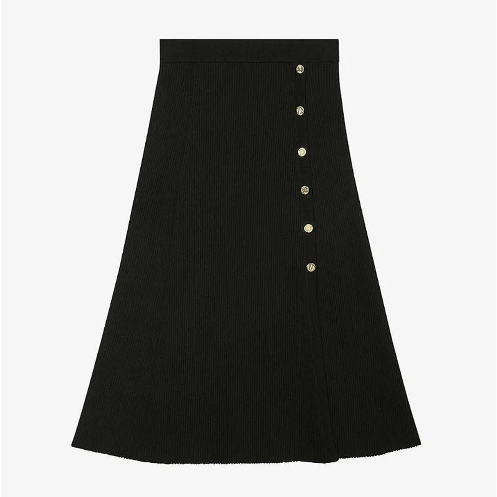 Maje Black Jupiter Gold-Tone Button Knitted Midi Skirt Size 34